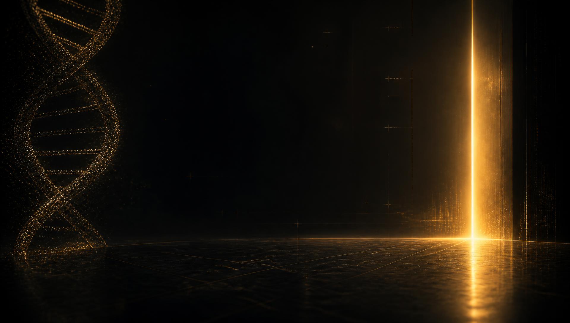 Golden particle DNA helix and a vertical beam of light on a dark background